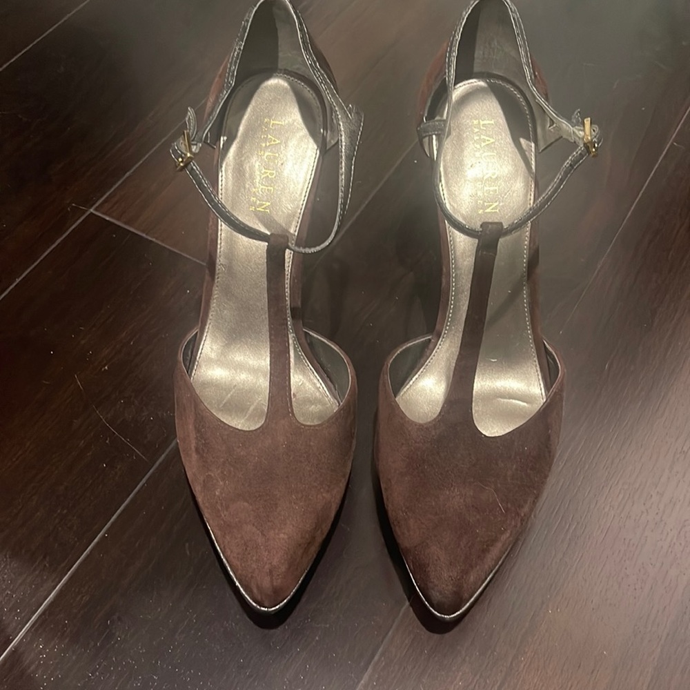Gently Loved Ralph Lauren Chocolate Brown Suede  T Strap Heels - Picture 2 of 8
